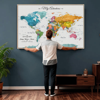 66743043-MGV-CV-36X24 - Extra Large Framed Personalize Push Pin World Map Wall Art Canvas Print for Travel Tracking - NEWMAP-131