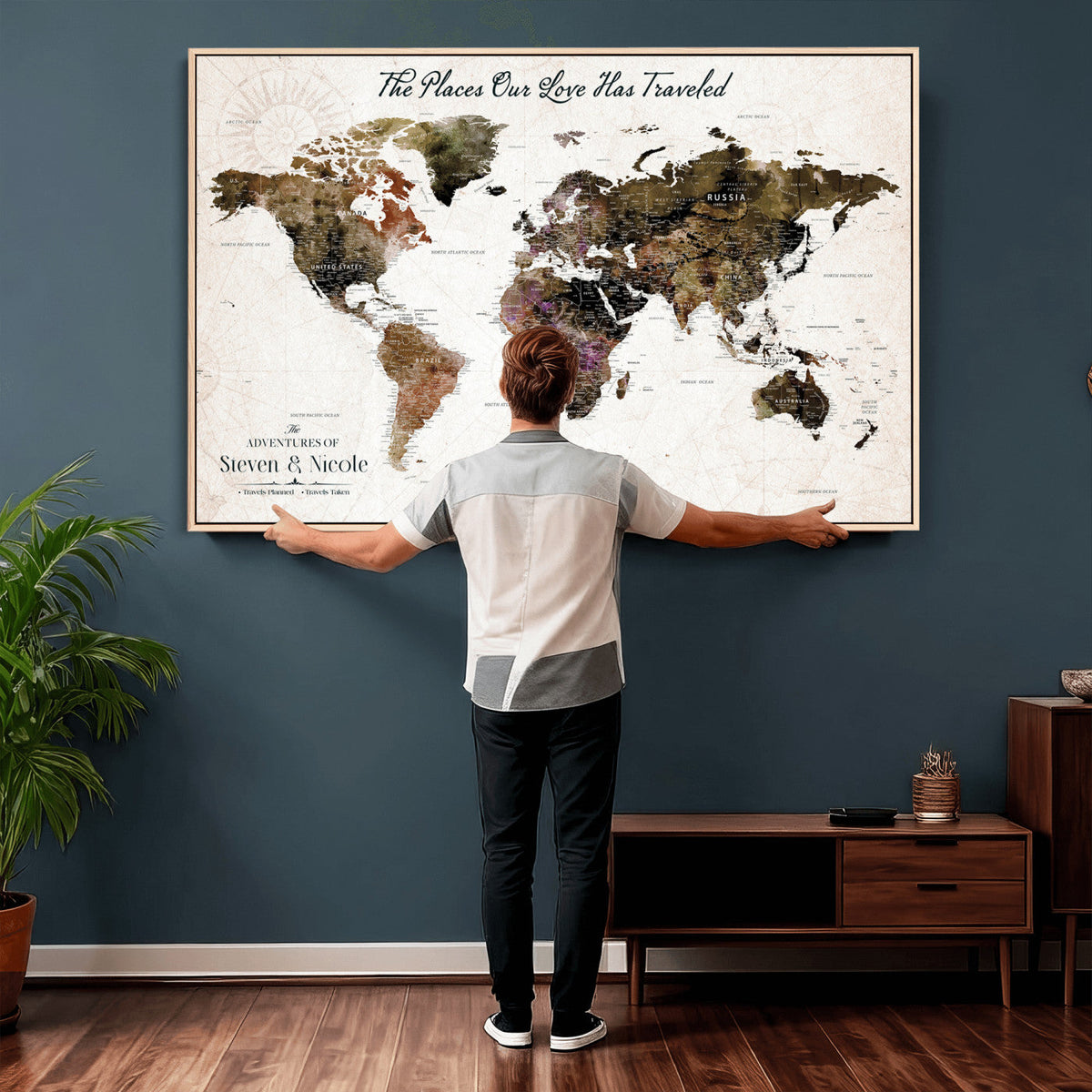18074626D3D-MGV-CV-36X24 - Extra Large Framed Personalized Push Pin World Map Wall Art Canvas Print for Travel Tracking