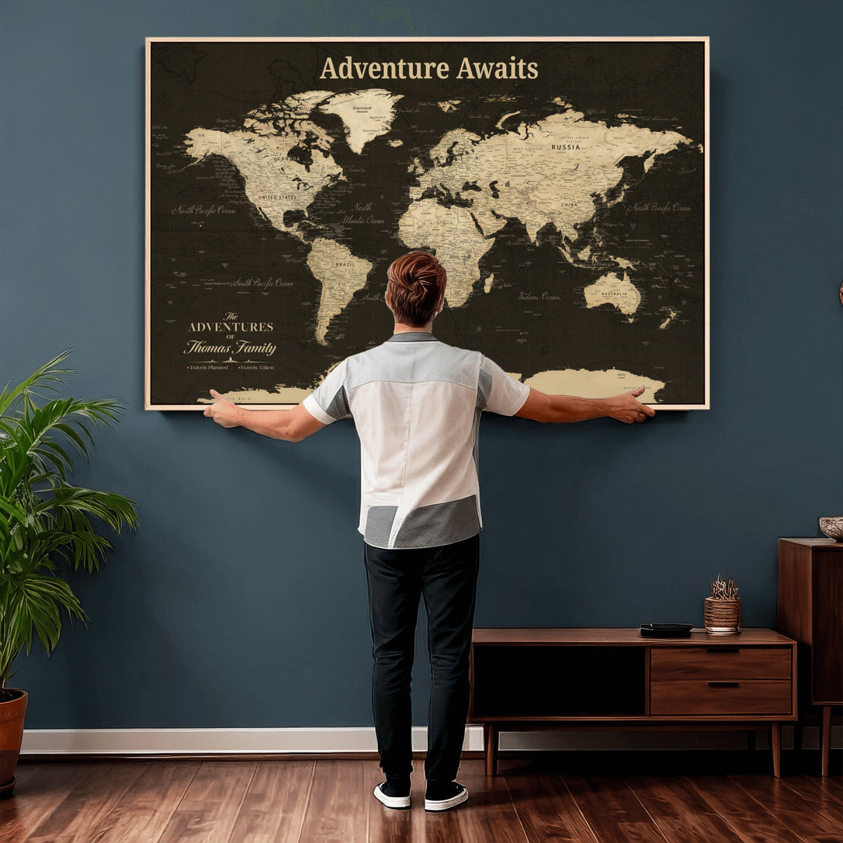 Custom Beige Modern World Travel Map Wall Art with Pins, Family Travel Tracker, Dining Room and Entryway Decor