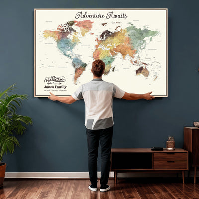 Personalized Framed Beige Modern Push Pin Travel Map Canvas Print, Family Travel Tracker, Bedroom and Home Office Decor