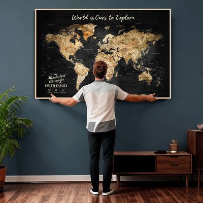 Personalized Beige Push Pin Travel Map Canvas Print, Family Travel Tracker, Bedroom and Entryway Decor