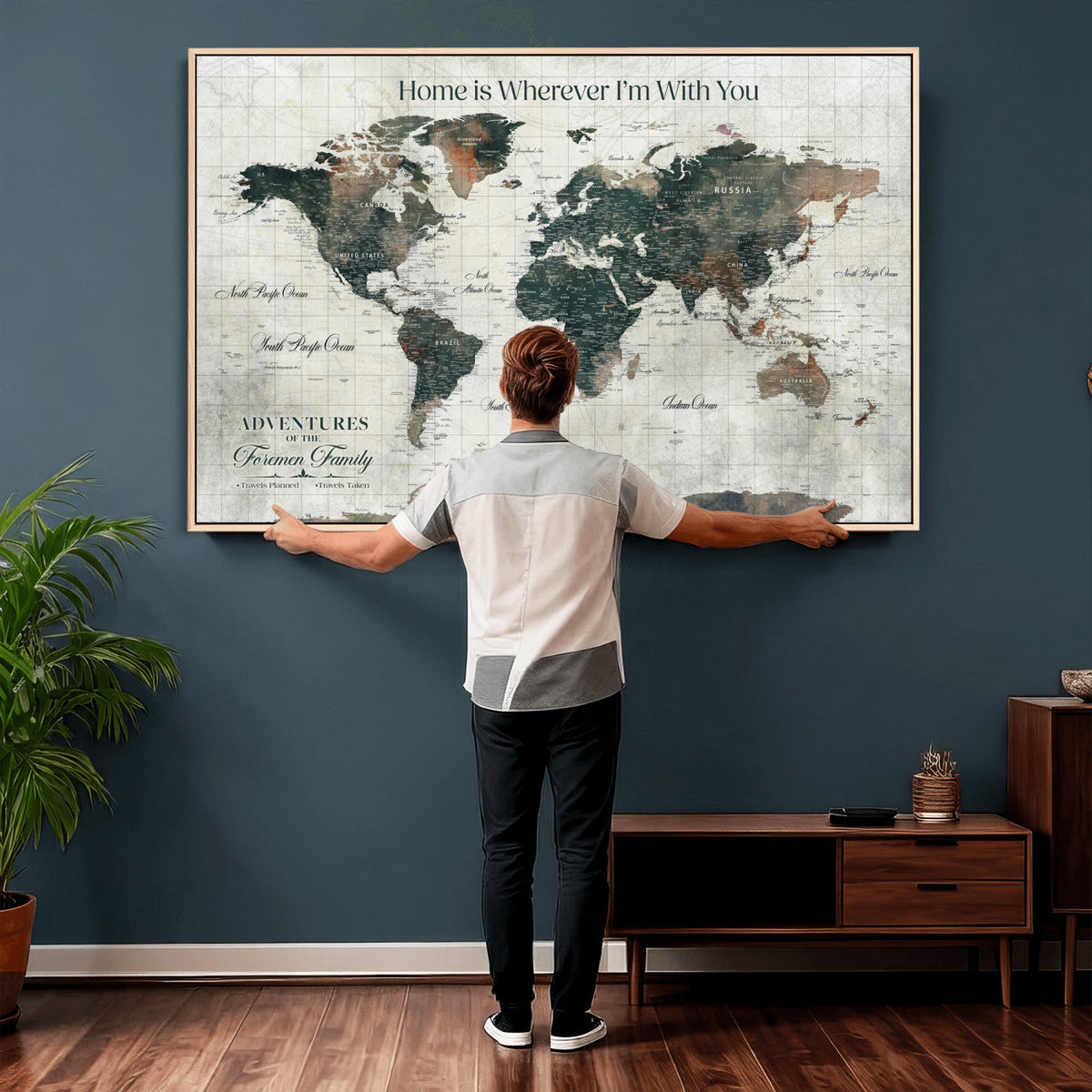 Personalized Framed Beige Push Pin Travel Map Canvas Print, Family Travel Tracker, Home Office and Hallway Decor
