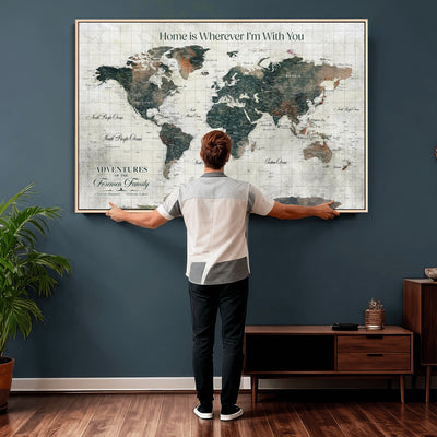 Personalized Framed Beige Push Pin Travel Map Canvas Print, Family Travel Tracker, Home Office and Hallway Decor