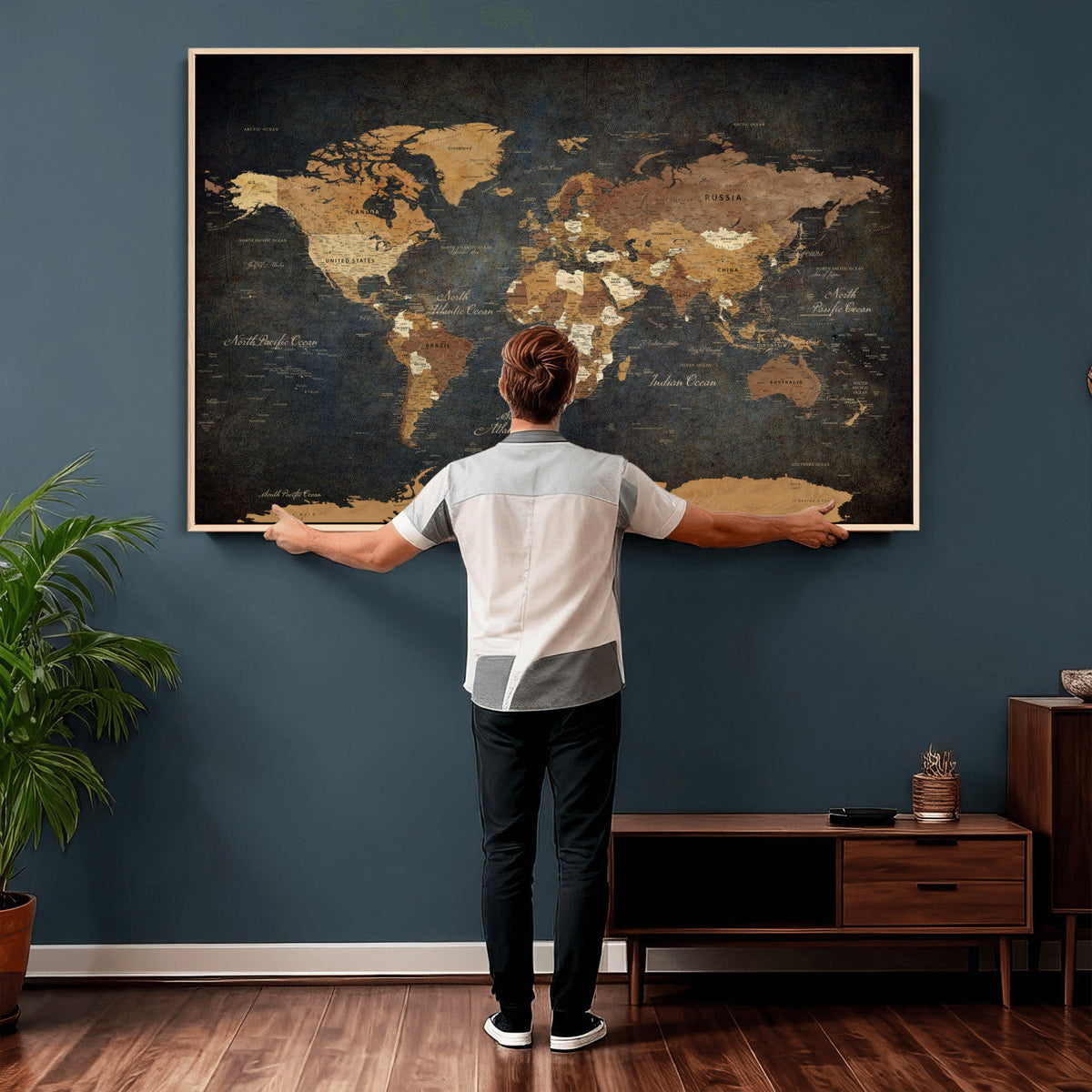 40660012D-MGV-CV-36X24 - Custom Push Pin World Map Wall Art Canvas Print – Personalized Travel Tracker with Pins Framed Large for Home and Office Decor