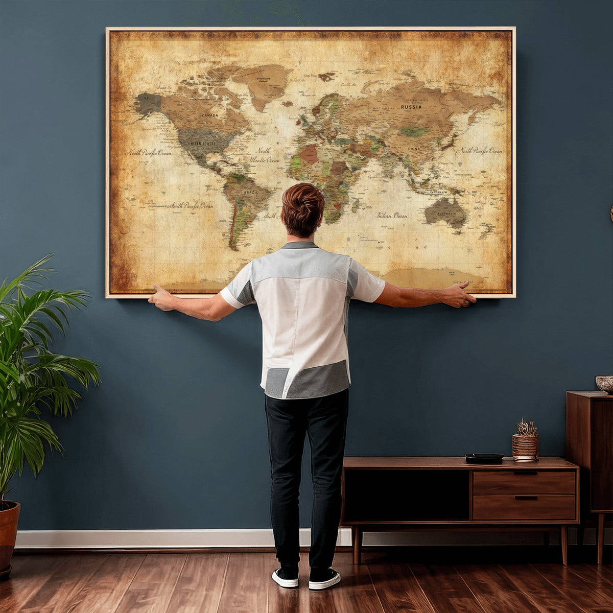 26621467D-MGV-CV-36X24 - Custom Push Pin World Map Wall Art Canvas Print – Personalized Travel Tracker with Pins Framed Large for Home and Office Decor