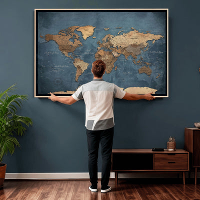 81949666D-MGV-CV-36X24 - Custom Push Pin World Map Wall Art Canvas Print – Personalized Travel Tracker with Pins Framed Large for Home and Office Decor