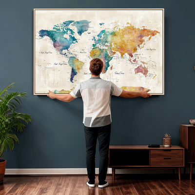 53654999D-MGV-CV-36X24 - Custom Push Pin World Map Wall Art Canvas Print – Personalized Travel Tracker with Pins Framed Large for Home and Office Decor