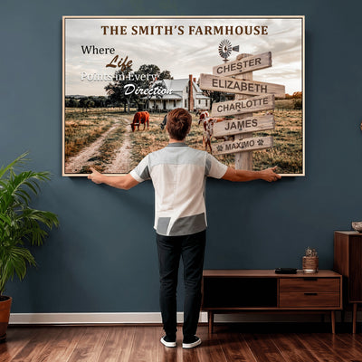 Personalized Farmhouse Family Signpost Canvas, Custom Name Wall Art