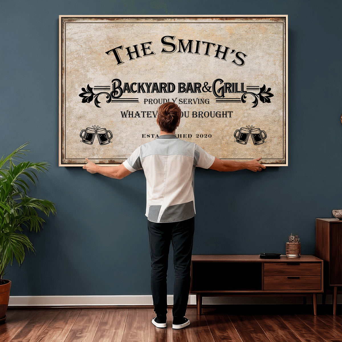 Custom Backyard Bar & Grill Sign, Personalized Family Name Arch Canvas