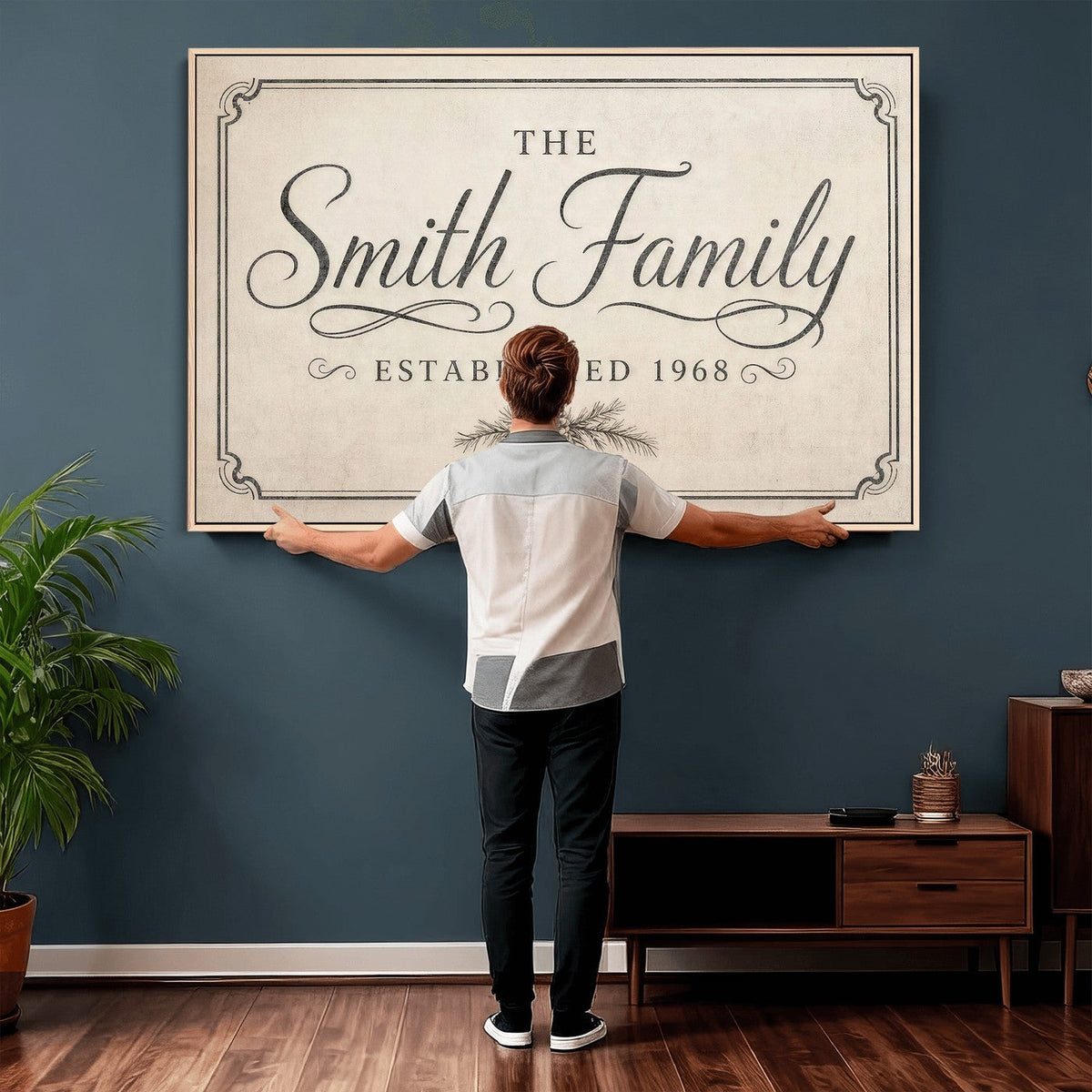 Personalized pine cone family sign in a modern farmhouse home