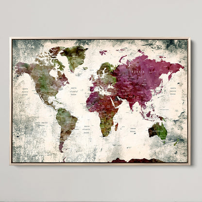 Push Pin World Map Canvas Print – Framed Wall Art for Couples to Track Their Travels – Anniversary Gift or Home Adventure Decor