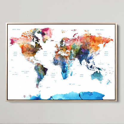Push Pin World Map Canvas Print – Framed Wall Art for Couples to Track Their Travels – Anniversary Gift or Home Adventure Decor