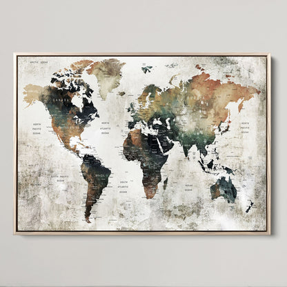 Push Pin World Map Canvas Print – Framed Wall Art for Couples to Track Their Travels – Anniversary Gift or Home Adventure Decor
