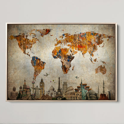Push Pin World Map Canvas Print – Framed Wall Art for Couples to Track Their Travels – Anniversary Gift or Home Adventure Decor