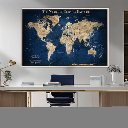 Custom World Map Wall Art – Personalized Framed Canvas Print with Push Pins for Travel Tracking, Anniversary or Couple Gift Ideas - H2-2