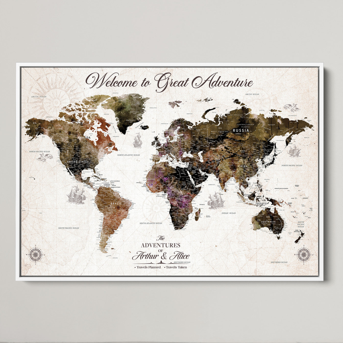 35778202-MGV-CV-36X24-Custom Push Pin World Map Wall Canvas Print – Personalized Travel Map with Pins – Framed Large Canvas for Home Office Decor