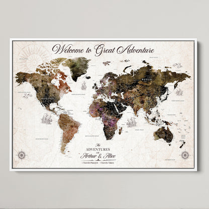 35778202-MGV-CV-36X24-Custom Push Pin World Map Wall Canvas Print – Personalized Travel Map with Pins – Framed Large Canvas for Home Office Decor