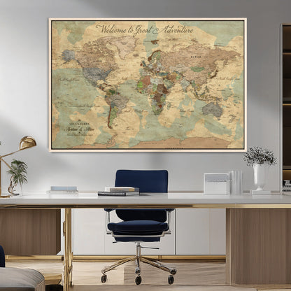 17693651-MGV-CV-36X24-Custom Push Pin World Map Wall Canvas Print – Personalized Travel Tracker with Pins – Framed Custom Quotie Canvas for Home Office Decor Art Print