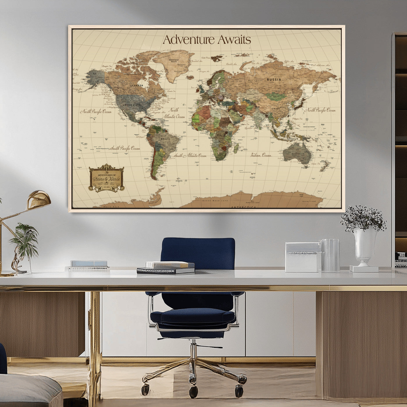 74480507-MGV-CV-36X24-Custom Push Pin World Map Wall Canvas Print – Personalized Travel Tracker with Pins – Framed Custom Quotie Canvas for Home Office Decoration