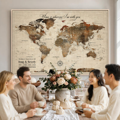 Large Custom Framed Beige Vintage World Travel Map Wall Art with Pins, Couples Countries Visited Map, Living Room and Hallway Decor