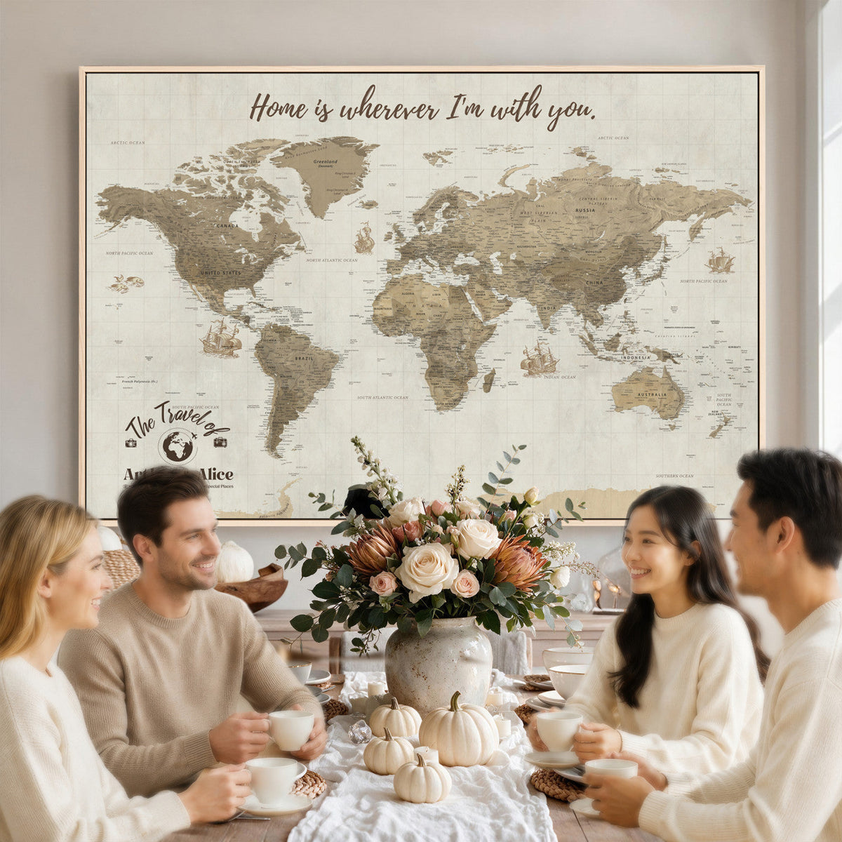 Custom Beige Geometric World Map Canvas with Push Pins, Honeymoon and Anniversary Gift, Dining Room and Hallway Decor