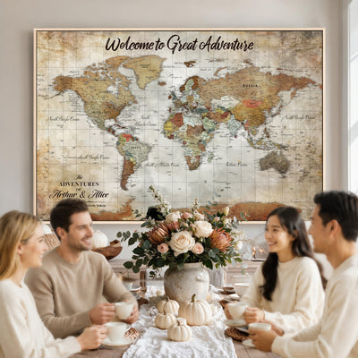 Personalized Beige Push Pin World Map Wall Art, Bucket List Map, Living Room and Family Room Decor