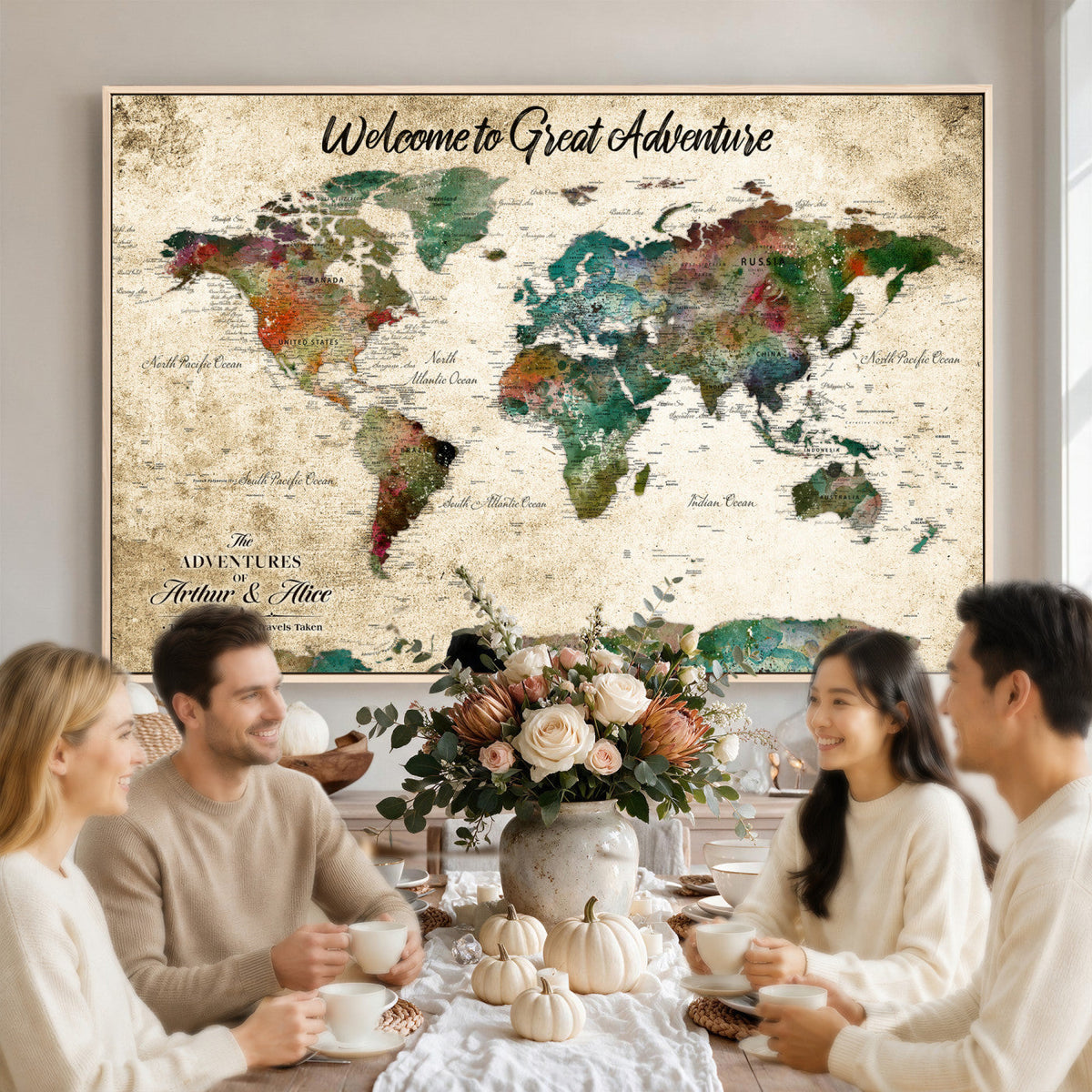 Personalized Beige Grunge World Map Canvas with Push Pins, Next Trip Planner Map, Family Room and Home Office Decor