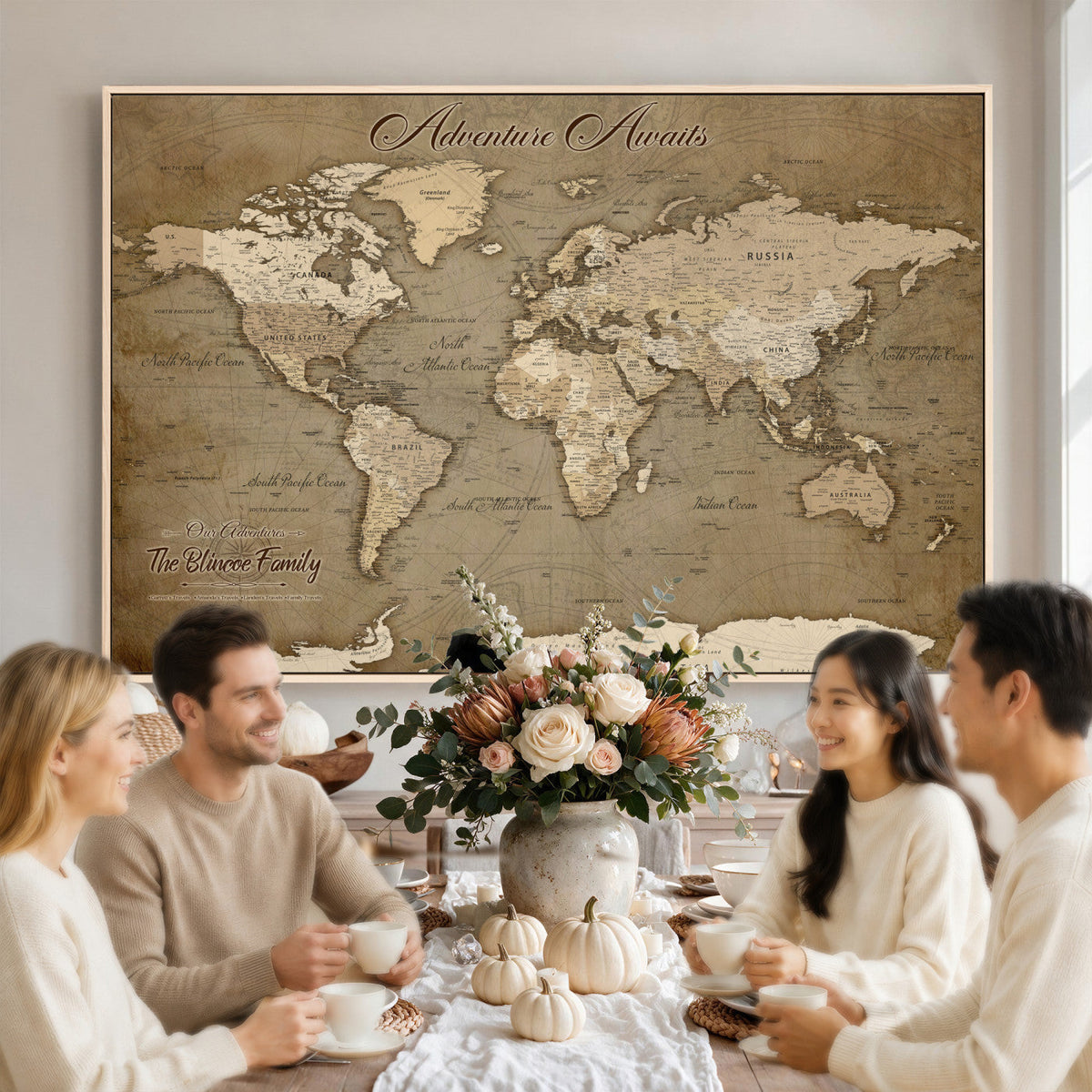 Custom Beige Modern Push Pin World Map Canvas Print, Family Travel Tracker, Dining Room and Home Office Decor