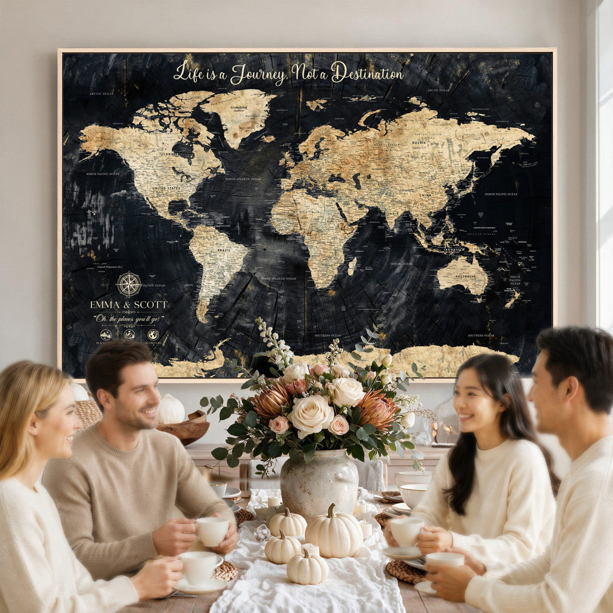 Personalized Framed Navy Modern Push Pin World Map Canvas Print, Couples Countries Visited Map, Family Room and Study Decor