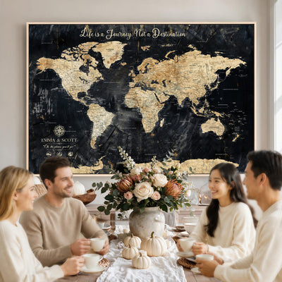 Personalized Framed Navy Modern Push Pin World Map Canvas Print, Couples Countries Visited Map, Family Room and Study Decor