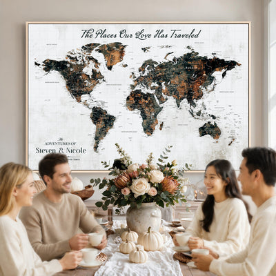 Personalized Beige Push Pin World Map Canvas Print, Honeymoon and Anniversary Gift, Living Room and Dining Room Decor