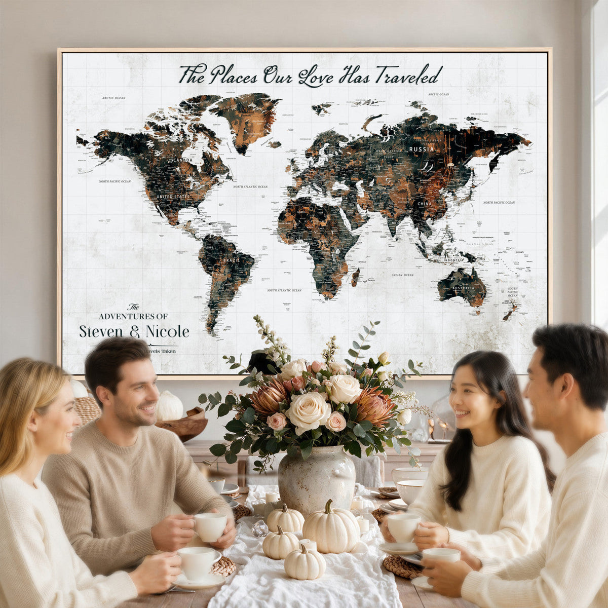 29090064-MGV-CV-36X24 - Custom Push Pin World Map Wall Art Canvas Print | Personalized Travel Tracker with Pins Framed Large for Home and Office Decor