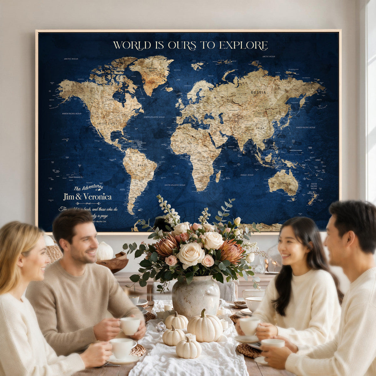 35296308-MGV-CV-36X24 - Custom Push Pin World Map Wall Art Canvas Print | Personalized Travel Tracker with Pins Framed Large for Home and Office Decor