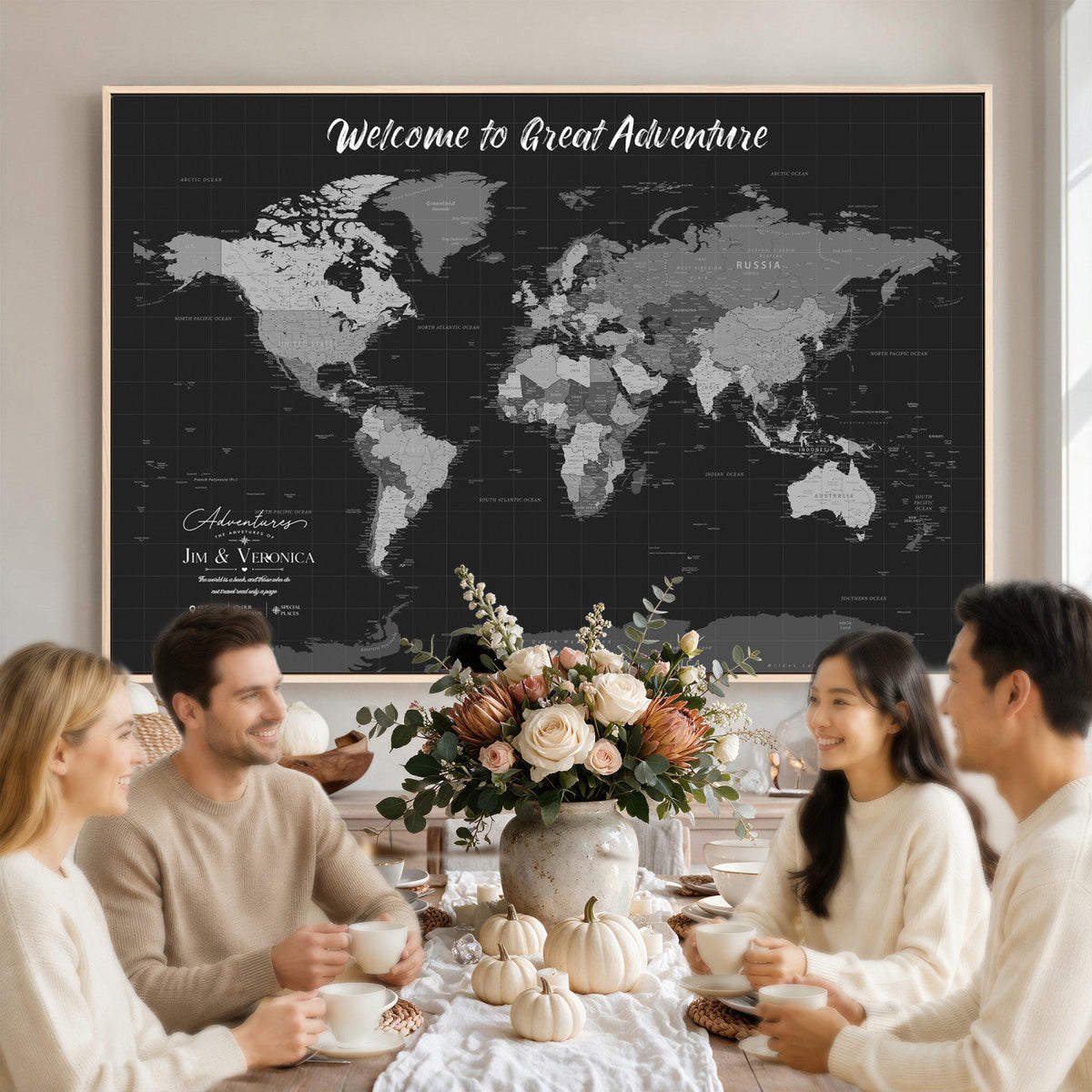 Custom Framed Navy Vintage World Map Canvas with Push Pins, Next Trip Planner Map, Entryway and Hallway Decor