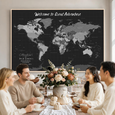 Custom Framed Navy Vintage World Map Canvas with Push Pins, Next Trip Planner Map, Entryway and Hallway Decor