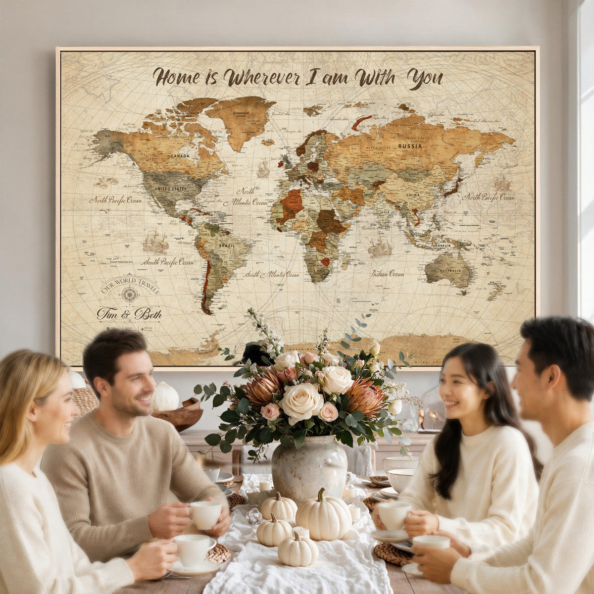 Personalized Framed Black Modern Push Pin World Map Wall Art, Couples Countries Visited Map, Dining Room and Hallway Decor
