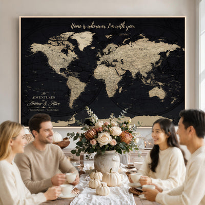 Personalized Framed Beige Modern Push Pin World Map Canvas Print, Places Visited Tracker, Family Room and Bedroom Decor