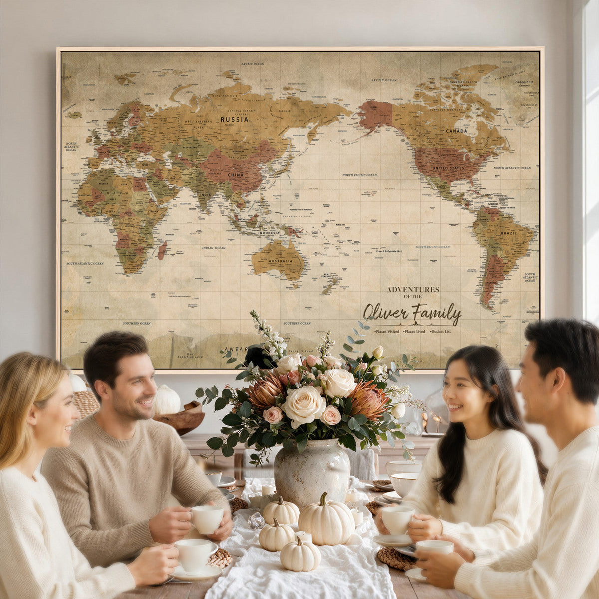Personalized Framed Navy Modern World Map Canvas with Push Pins, Bucket List Map, Living Room and Entryway Decor