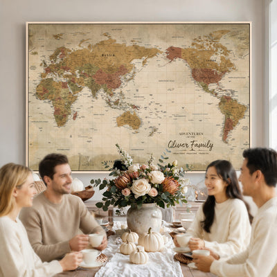 Personalized Framed Navy Modern World Map Canvas with Push Pins, Bucket List Map, Living Room and Entryway Decor