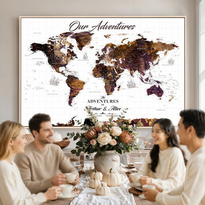 Personalized Framed Beige Vintage Push Pin Travel Map Canvas Print, Next Trip Planner Map, Home Office and Entryway Decor