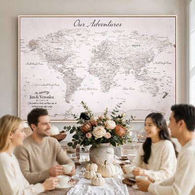 Personalized Beige Vintage World Travel Map Wall Art with Pins, Honeymoon and Anniversary Gift, Entryway and Hallway Decor