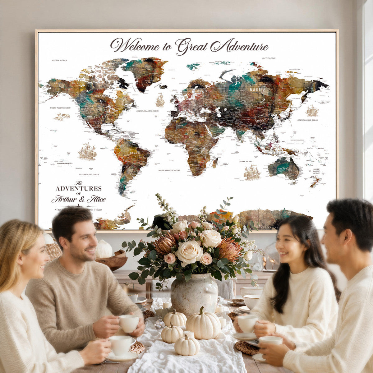 Custom Framed Beige Modern Push Pin World Map Wall Art, Couples Countries Visited Map, Study and Entryway Decor