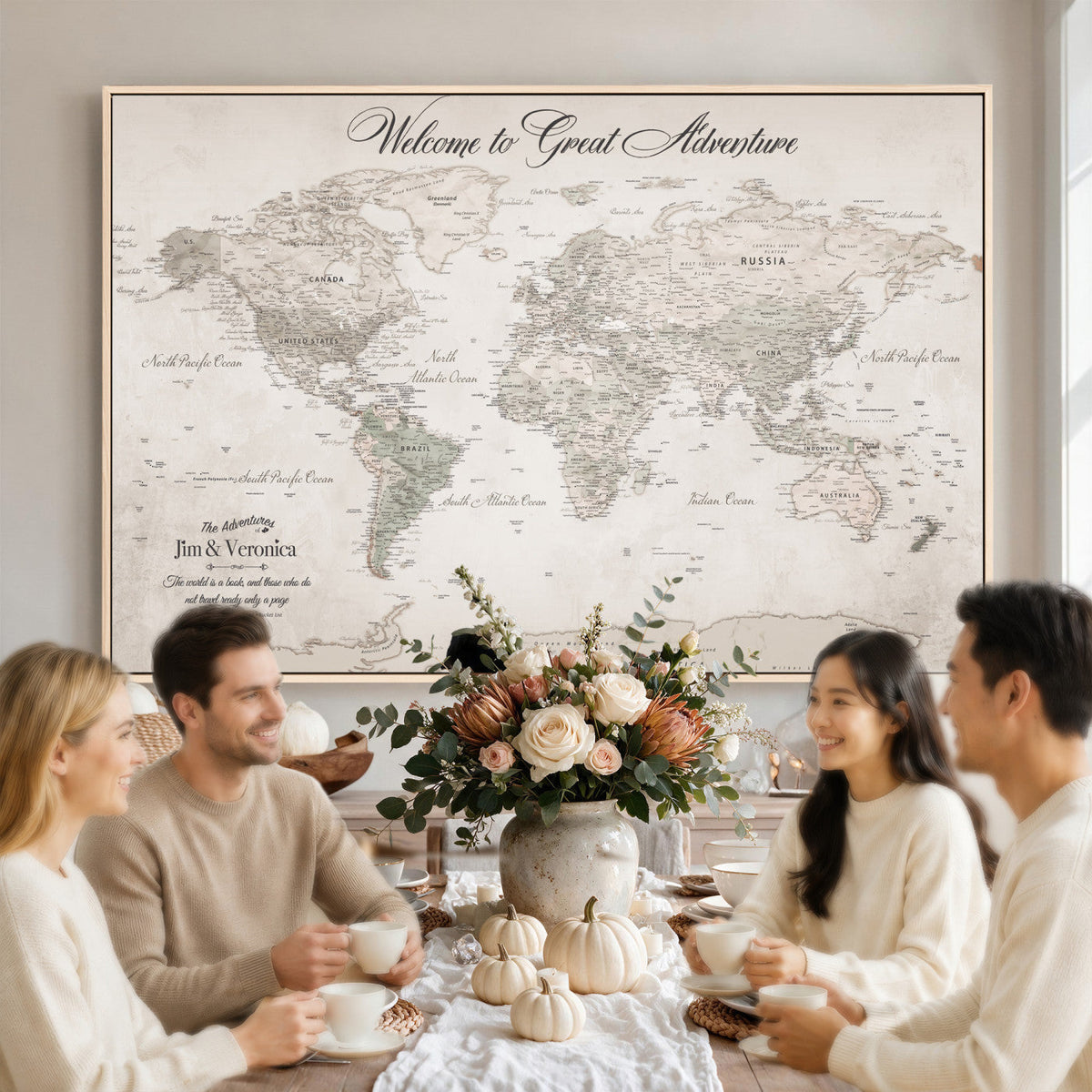 84311132-MGV-CV-36X24 - Personalized Beige World Map Canvas with Push Pins, Places Visited Tracker, Family Room and Entryway Decor