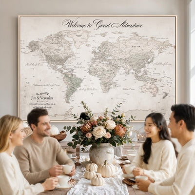 84311132-MGV-CV-36X24 - Personalized Beige World Map Canvas with Push Pins, Places Visited Tracker, Family Room and Entryway Decor