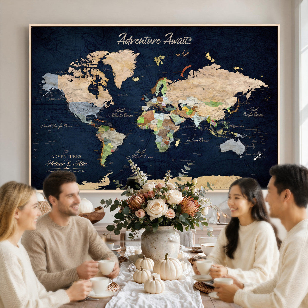 Personalized Beige Antique Push Pin Travel Map Canvas Print, Bucket List Map, Dining Room and Entryway Decor