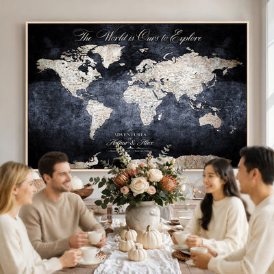 Personalized Beige Modern Push Pin Travel Map Canvas Print, Places Visited Tracker, Study and Entryway Decor