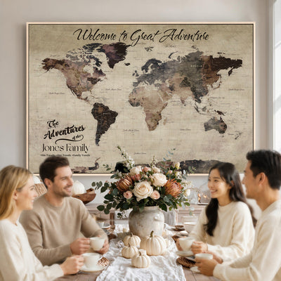 Custom Beige Modern Push Pin World Map Wall Art, Honeymoon and Anniversary Gift, Dining Room and Study Decor