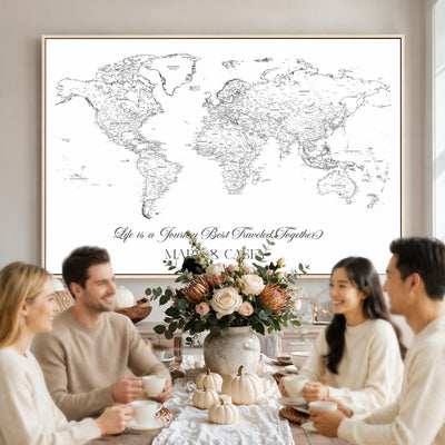 Personalized Framed Beige Modern Push Pin Travel Map Canvas Print, Couples Countries Visited Map, Living Room and Family Room Decor