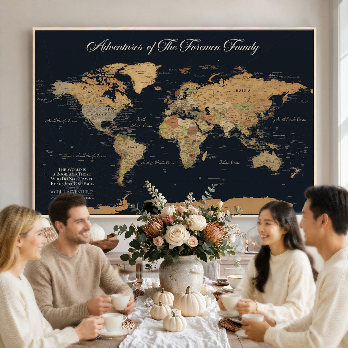 Personalized White Minimalist World Travel Map Wall Art with Pins, Places Visited Tracker, Entryway and Hallway Decor