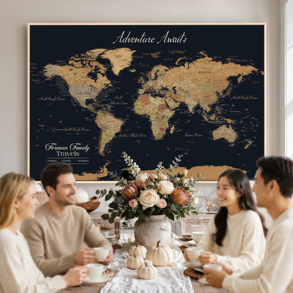 Personalized Framed Beige Geometric Family Push Pin World Map Canvas Print, Next Trip Planner Map, Family Room and Entryway Decor